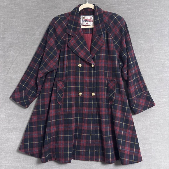 Vintage B2SPORTS Pea Coat XL Navy Red Plaid Double Breasted Swing Preppy 80s 90s - Picture 1 of 11